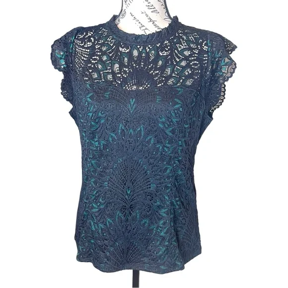 WHBM Black Green High Neck lace shell blouse NWT romantic gothic dark academia - Picture 2 of 14